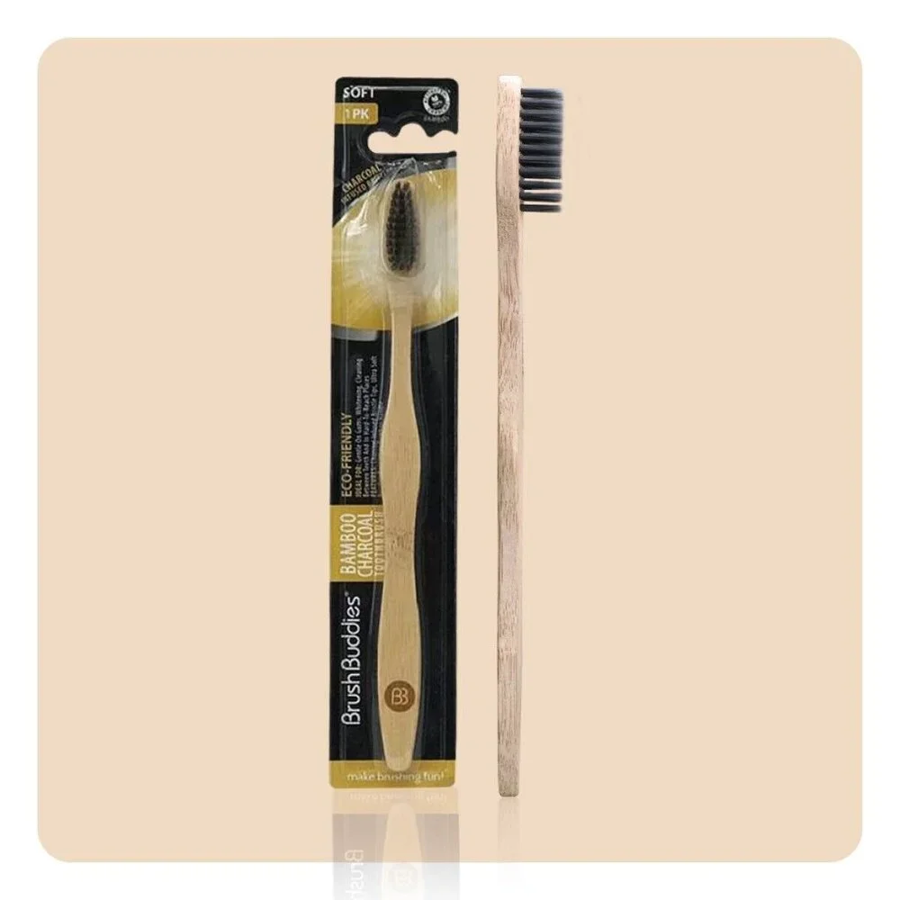 Set of 12 Brush Buddies Bamboo Toothbrush Charcoal Infused Soft Bristles